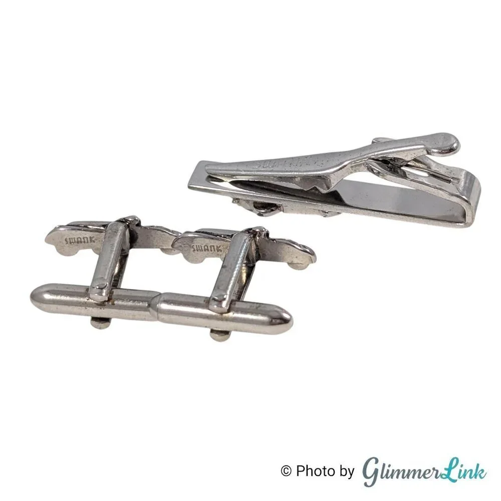 Swank Vintage Silver Tone Car Cufflinks and Tie Bar Set Automobile Design, 1960s